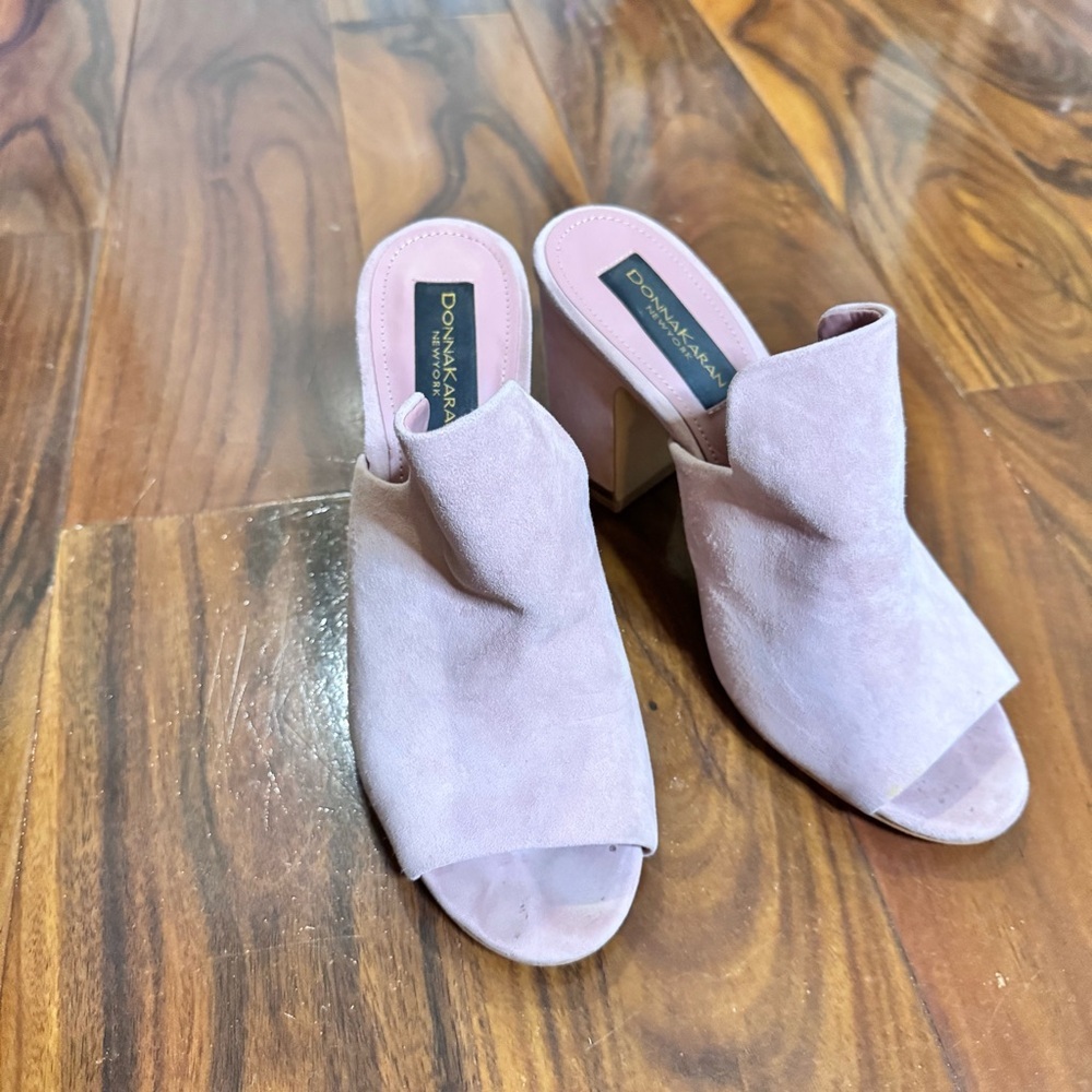 Donna Karan Pink Suede Open-Toe Block Heel Mules